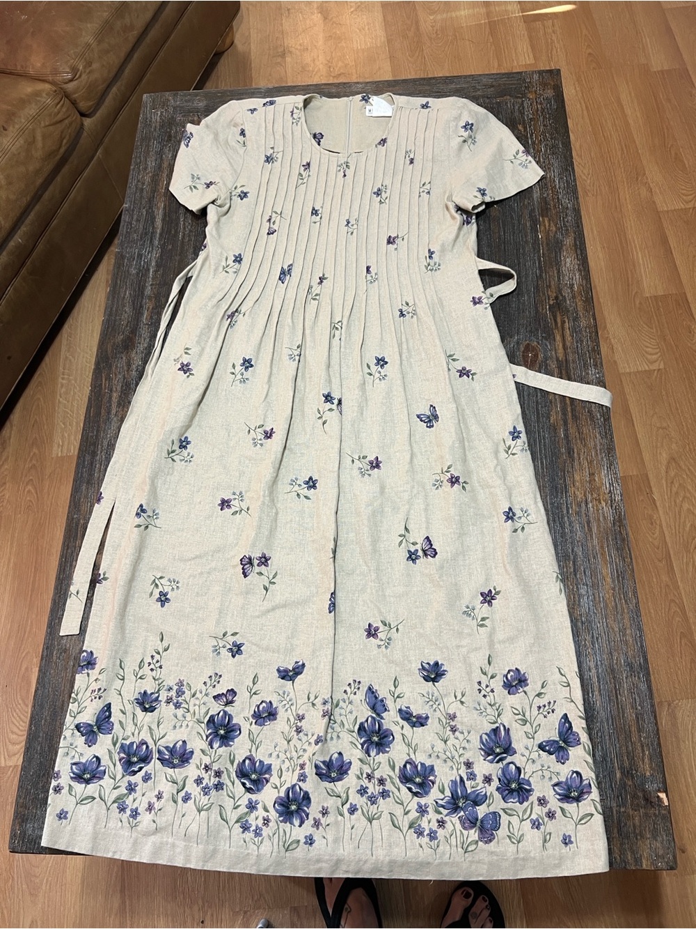 Floral Pintuck Maxi Dress in Beige with Purple Blooms